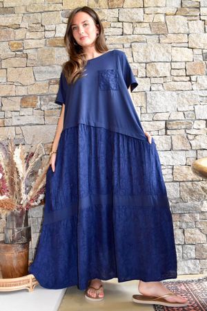 Tasha Damask T Shirt Maxi Dress Navy